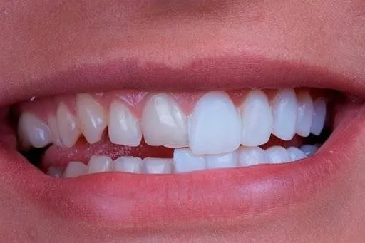 boca mostrando metade dos dentes com faceta de porcelana e a outra metade sem