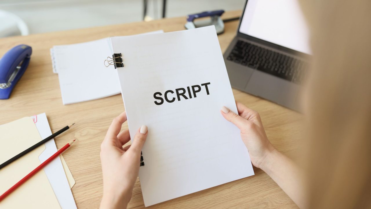 Mulher segurando documento com várias páginas, a primeira está escrito script em letras maiúsculas. Ela está sentada e segurando o papel em cima de uma mesa de madeira.