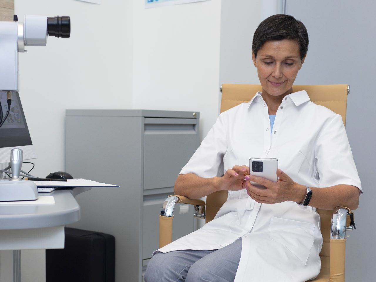 Dentista está sentada sozinha em seu consultório olhando sorrindo para o celular.