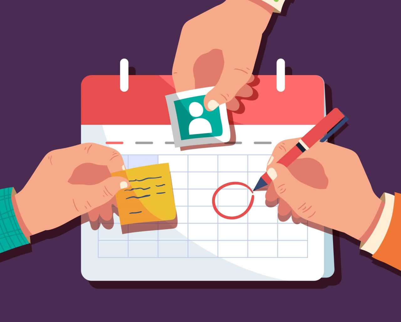 Desenho de calendário e pessoas em volta colocando anotações nele