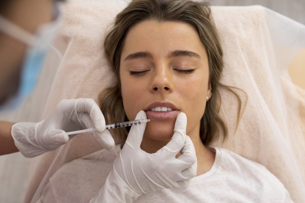 paciente mulher fazendo preenchimento labial