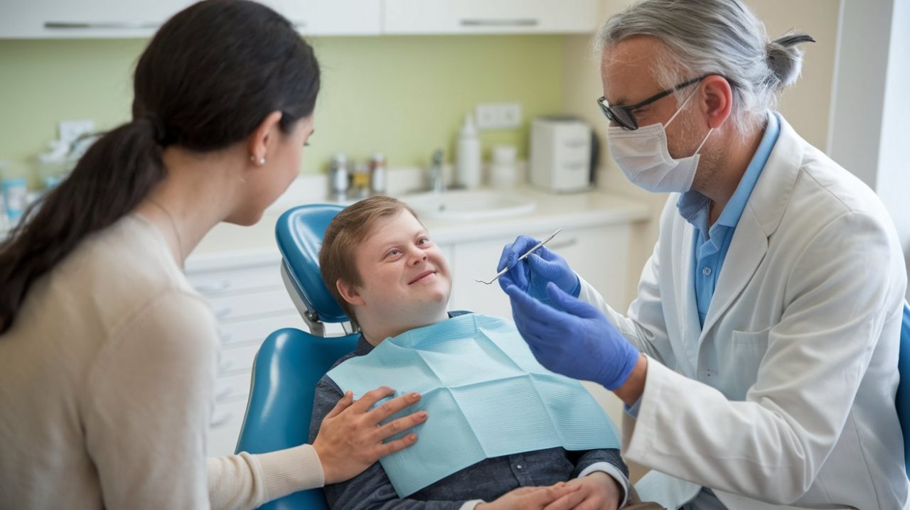 Dentista tratando de paciente com necessidade especial. A mãe do garoto está sentada do lado.
