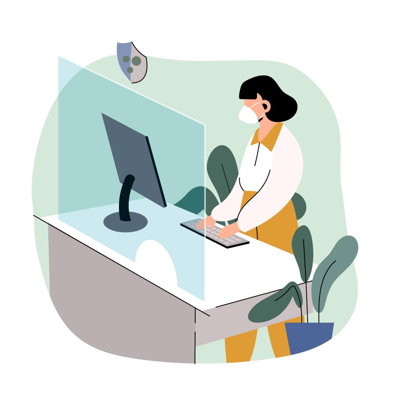 Desenho de secretária odontológica em pé na recepção. Em volta de sua mesa há plantas.