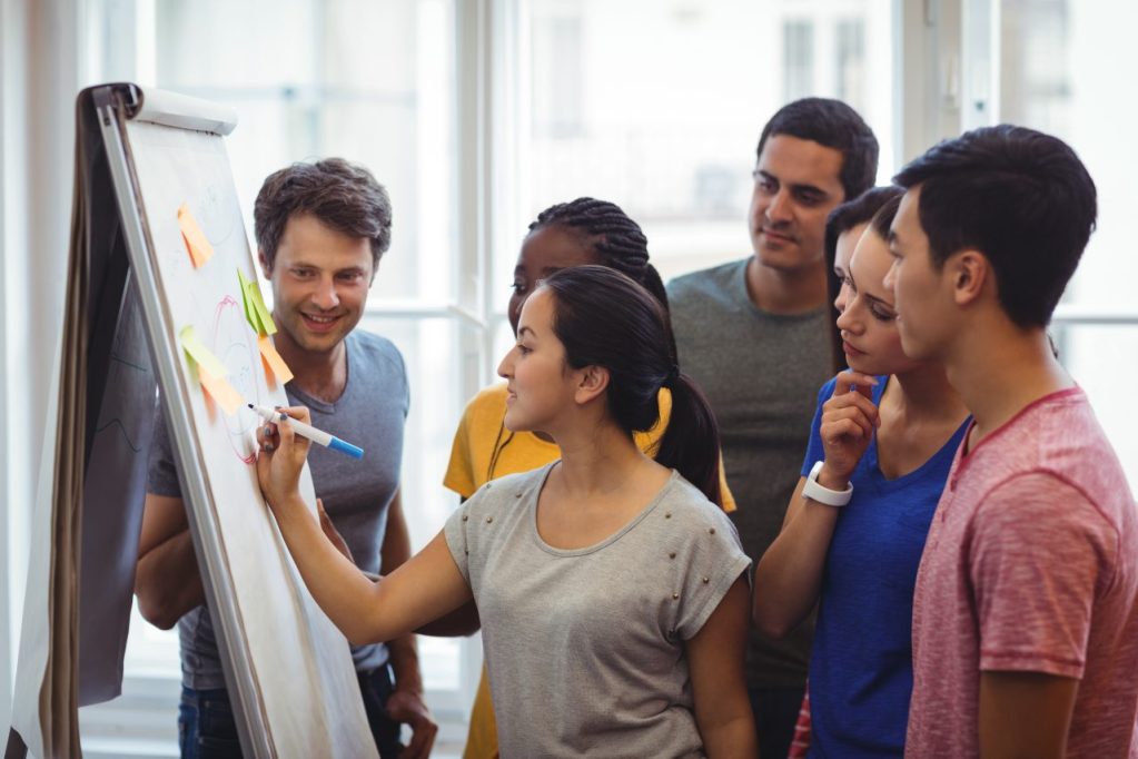 grupo de pessoas ao redor de mulher que está fazendo um desenho explicativo em quadro