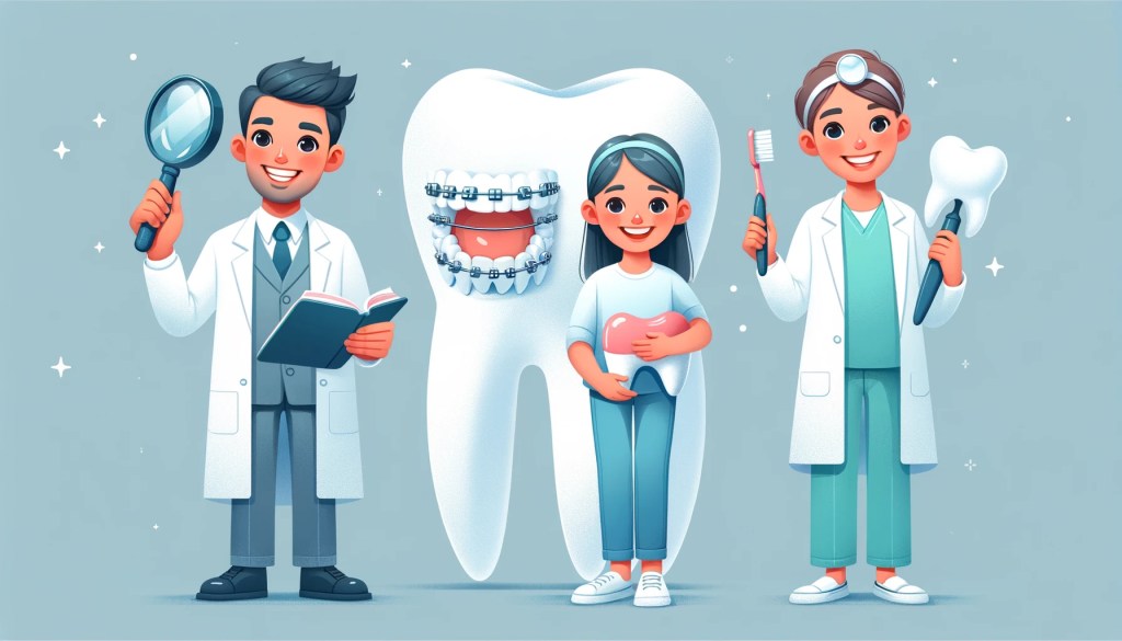 Desenho gerado por inteligência artifical de dentistas para representar os tratamentos odontológicos mais procurados. Um dentista homem a esquerda está segurando uma lupa e um caderno, no centro uma criança segura um dente, na direita uma dentista mulher segura uma escova de dente e alguns instrumentos de dentistas, e no fundo tem um grande dente e uma boca com aparelho