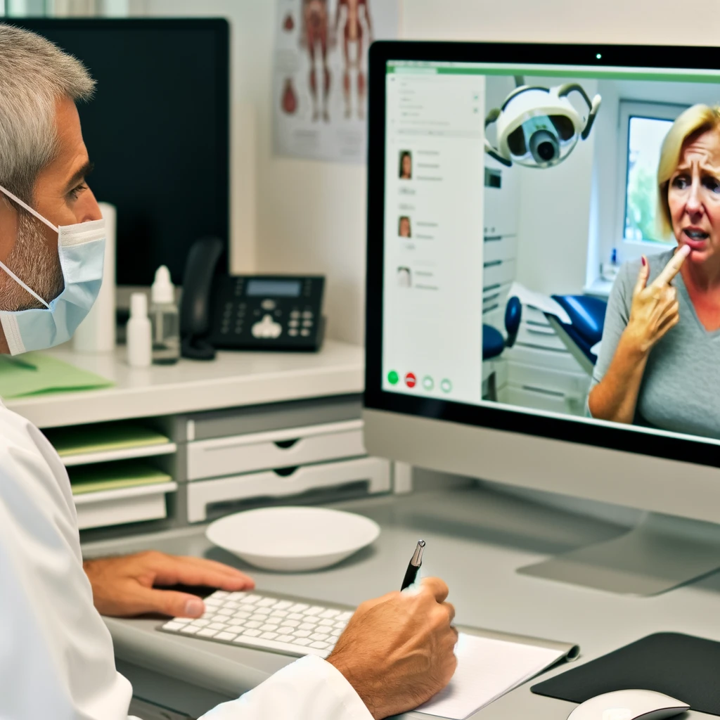 Imagem de um dentista homem mais velho com máscara, atendendo uma paciente senhora por videochamada, em teleodontologia. Ela está apontando para a boca dela com uma expressão preocupada