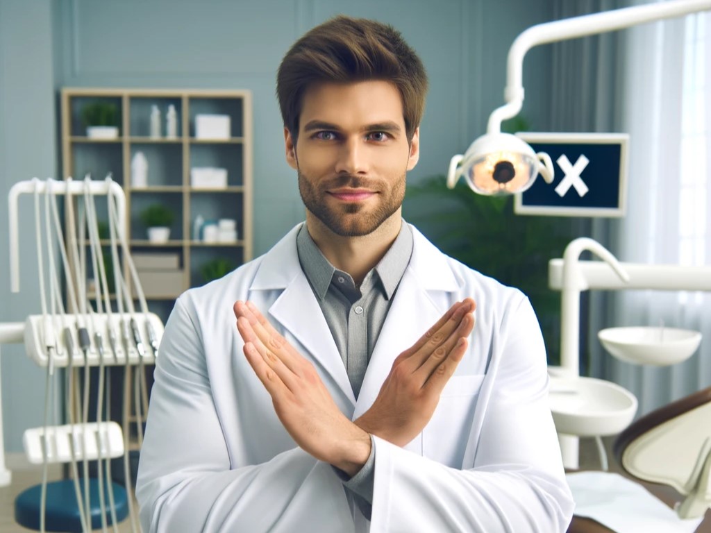 Um dentista parado em frente ao cenário de uma clínica odontológica, vestindo um jaleco branco e uma expressão amigável, mas firme no rosto. Ele está fazendo um 'X' com os braços à sua frente, simbolizando a rejeição ou desmascaramento de um mito comum.