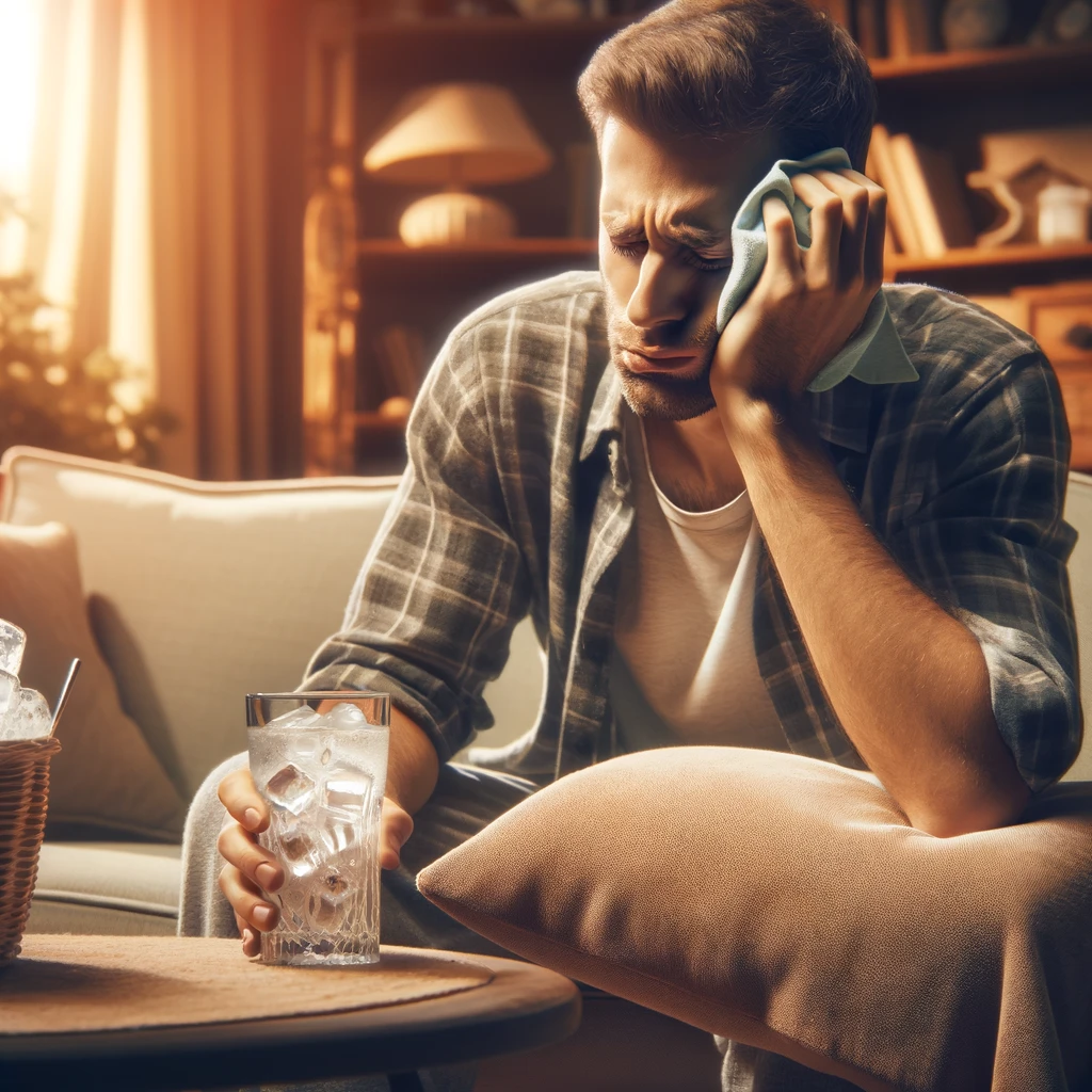 Um homem de cabelo curto está sentado em um sofá confortável, com a mão esquerda apoiada suavemente na bochecha e um claro sinal de desconforto por sensibilidade dentária. Na mão direita, seguram um copo cheio de água gelada, com a condensação visível na parte externa do copo.