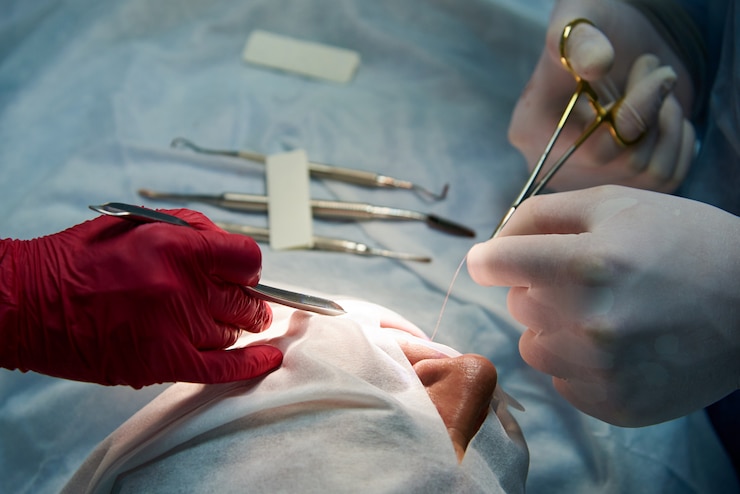 Dentista cortando fio da sutura odontológica