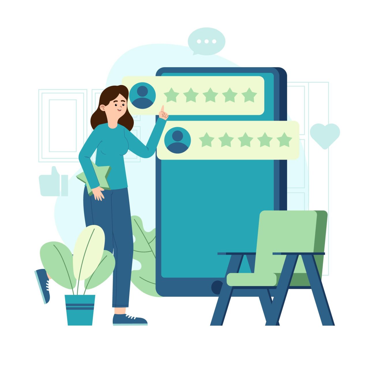 desenho de mulher fazendo avaliação feedback, ao lado dela tem um tablet gigante em que ela seleciona o número de estrelas