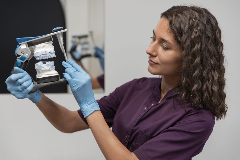 Mulher dentista de luvas segurando um molde de arcada dentária