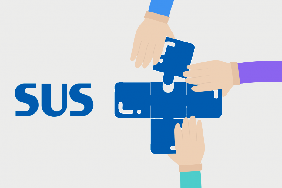 Logo do SUS, mas modificado para parecer um quebra-cabeça, com pessoas montando