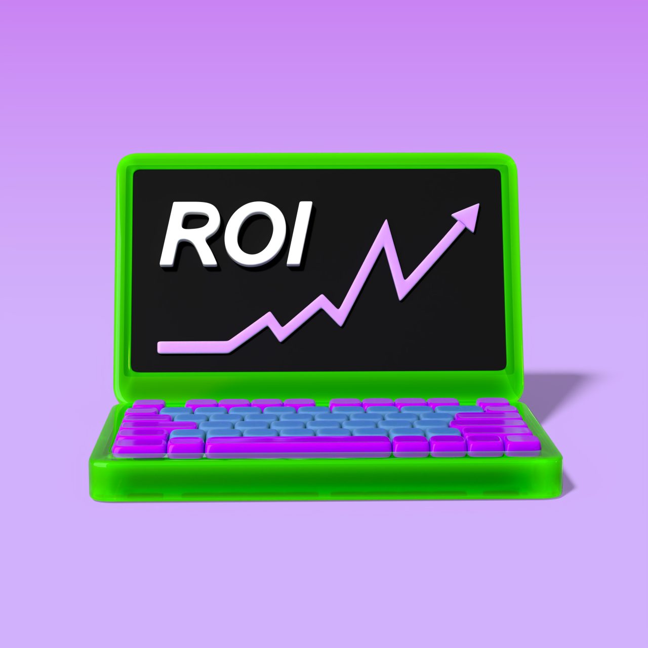 Desenho de um notebook colorido e na tela escrito ROI com uma seta que está subindo.