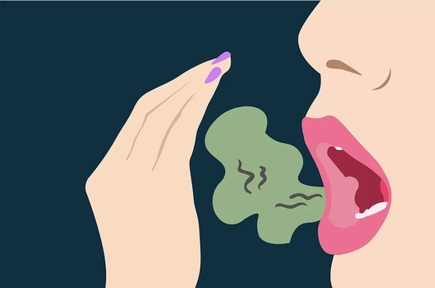 Desenho digital de mulher soltando e saindo mau hálito de sua boca (representado por uma fumaça verde)