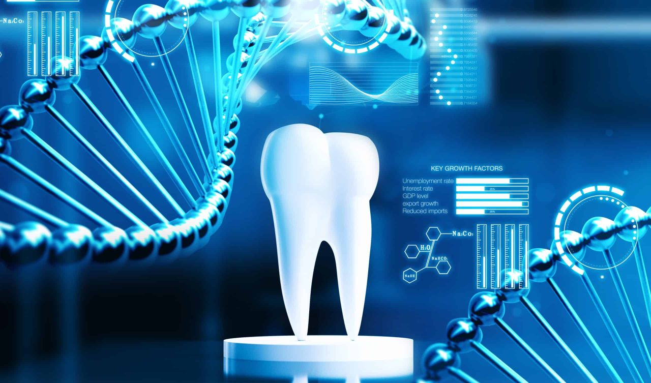 Dente no centro e ao redor fotos de moléculas criadas por inteligência artificial na cor azul