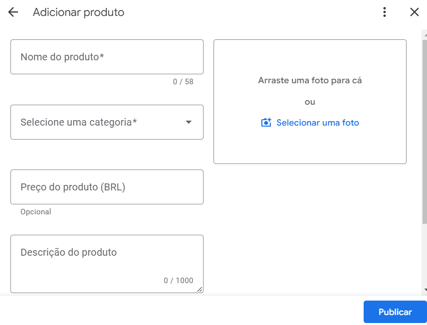 Print da seção "Adicionar Produto" do Google Meu negócio.