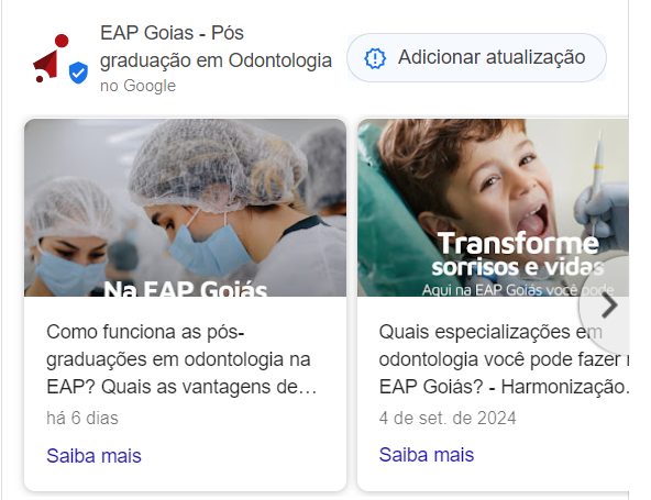 Print da seção "Adicionar Atualização" do Google Meu negócio da EAP Goiás.