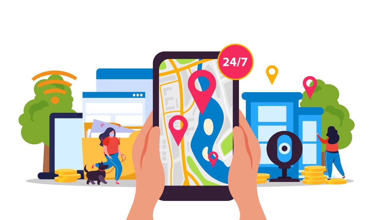 Desenho digital de uma pessoa segurando um tablet em que está aberto o google maps. No fundo, tem a pessoa andando na rua com cachorro e entrando em uma loja, além de abas de computadores.