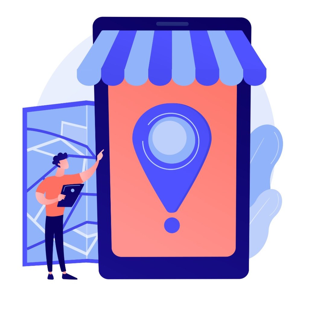 Desenho digital de grande celular aberto com o símbolo de localização do google maps. Em volta do celular tem o desenho de um tenda e do lado um homem apontado para o celular.