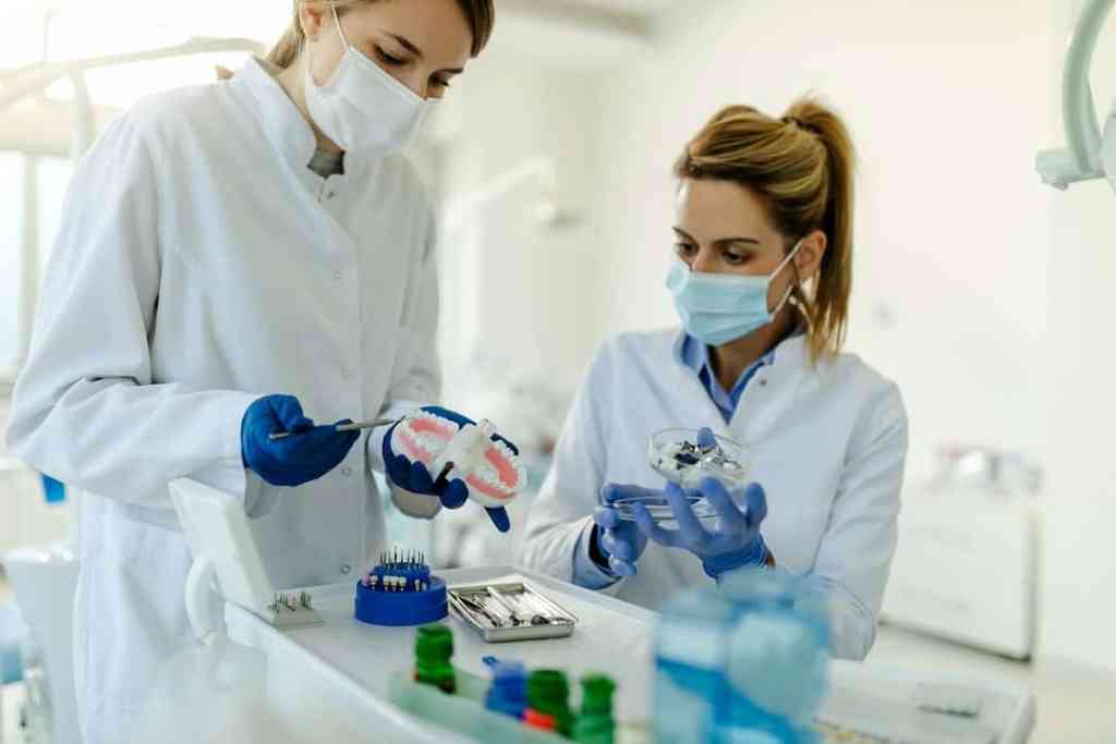Duas dentistas no laboratório com manequim odontológico