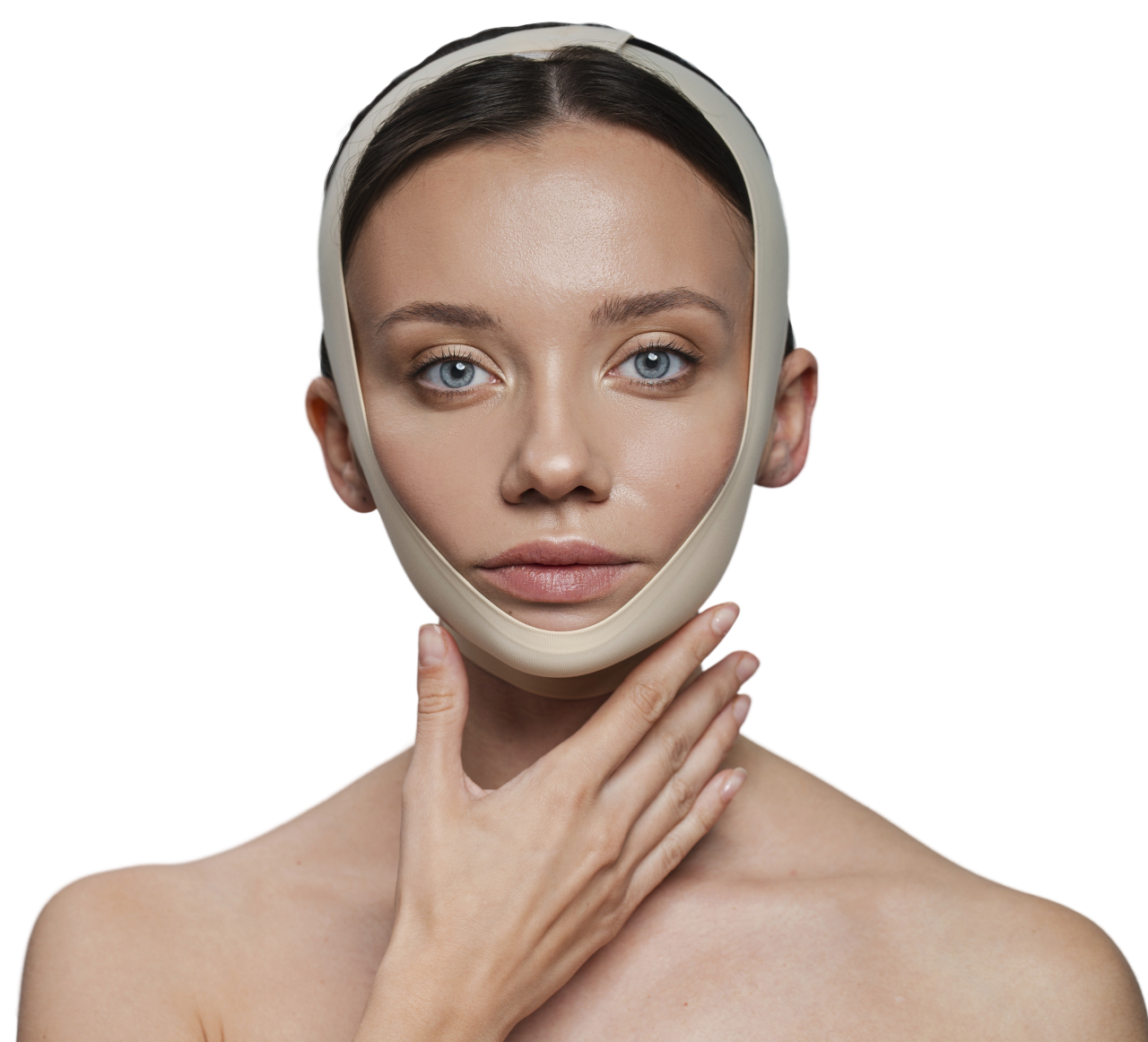 Mulher usando faixa em volta da cabeça se recuperando de cirurgia