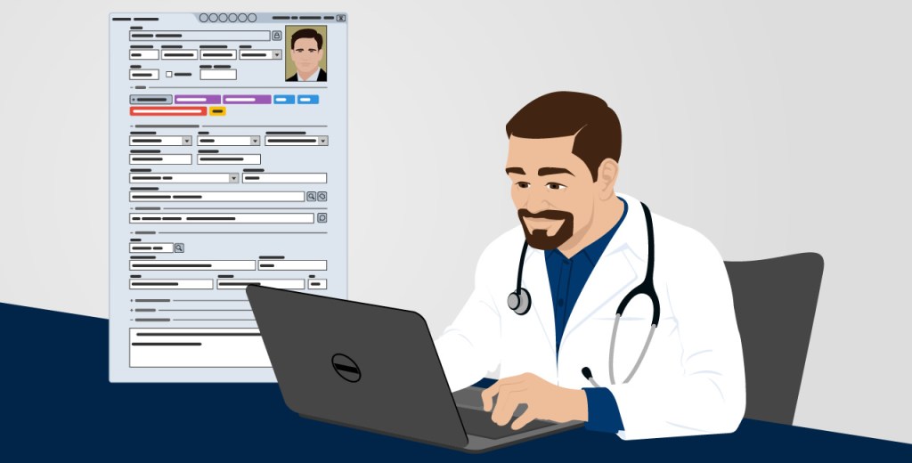 Desenho de médico em seu consultório criando ficha do paciente