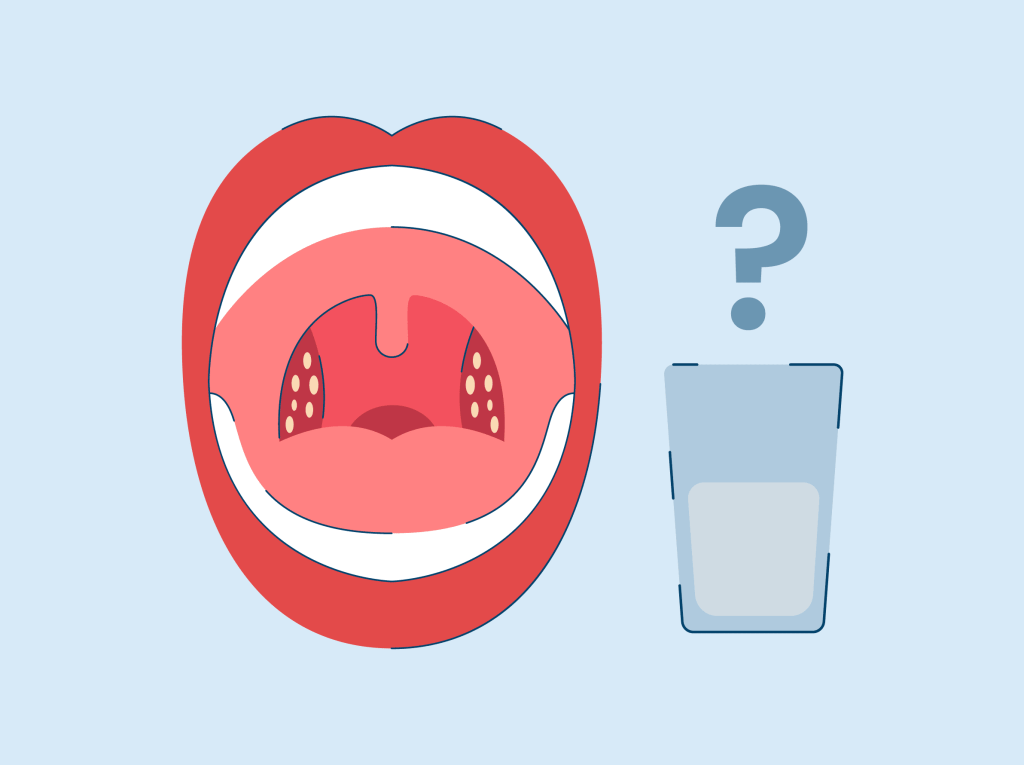 Tem o desenho de uma boca aberta com bolinhas brancas no fundo, e ao lado tem um copo de água com ponto de interrogação.