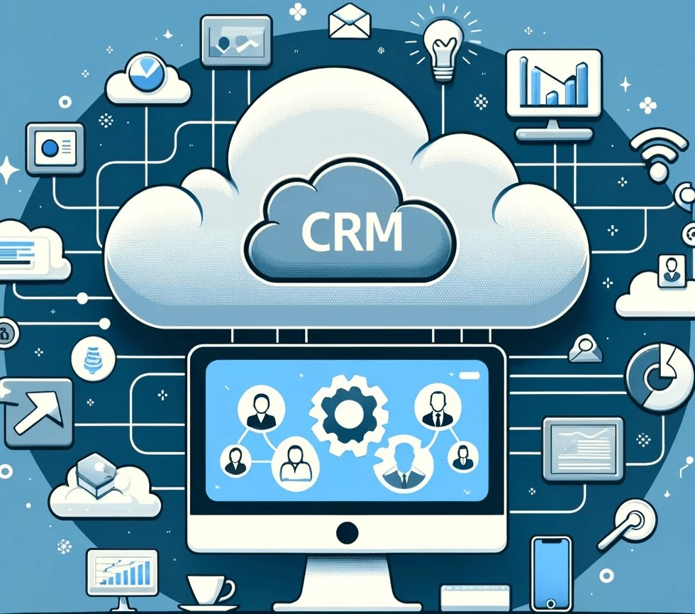 Imagem digital da palavra CRM dentro de uma nuvem sendo conectada a várias ferramentas e computadores
