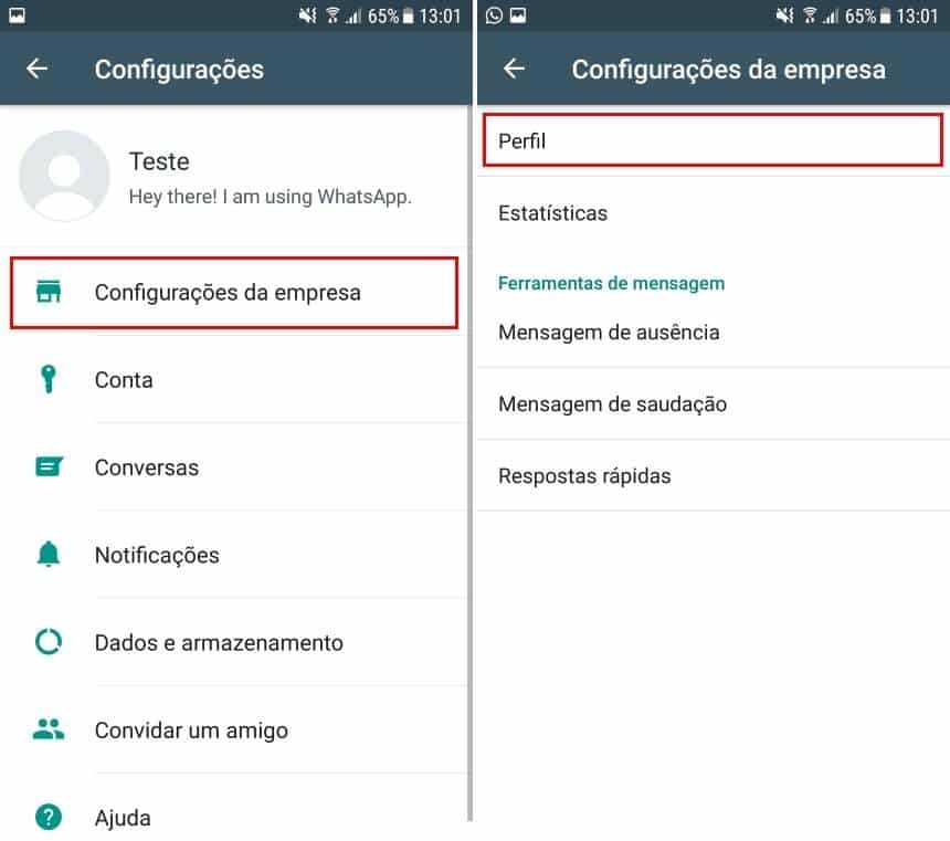 Print da tela do celular mostra como configurar whatsapp business