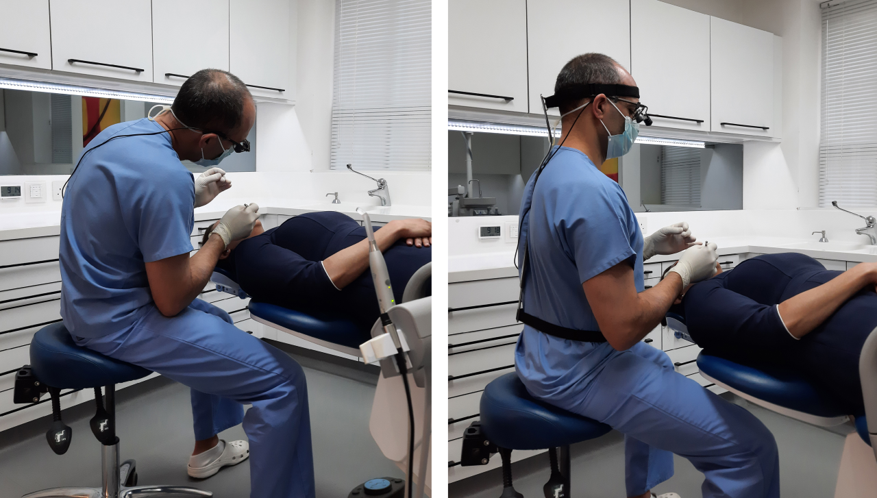 Antes e depois de dentista consertar sua postura utilizando uma faixa que vai da cabeça a cintura, para prevenir dores nas costas de dentistas.