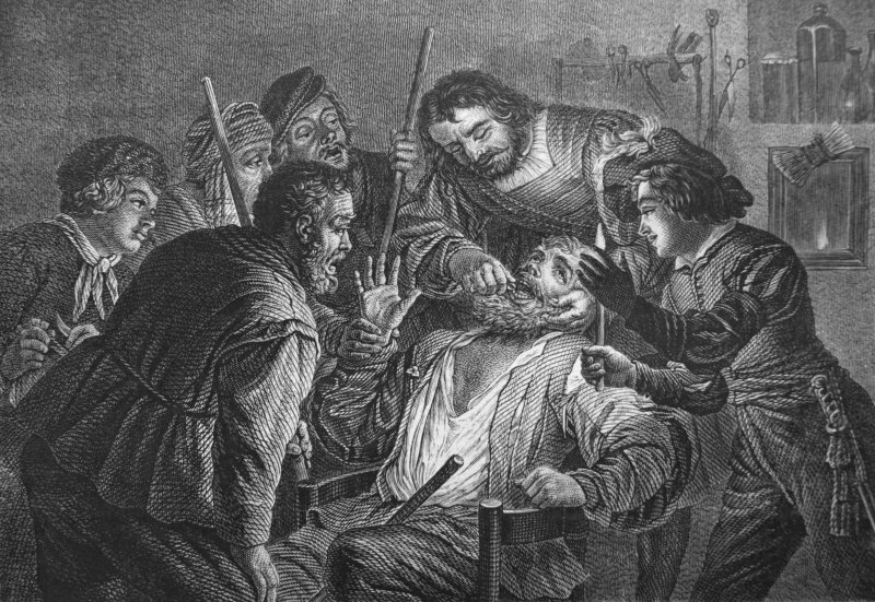 Pintura em preto e branco de dentista arrancando dente de paciente e várias pessoas em volta olhando.