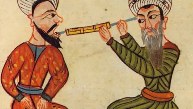 Pintura antiga de dentista realizando tratamento.