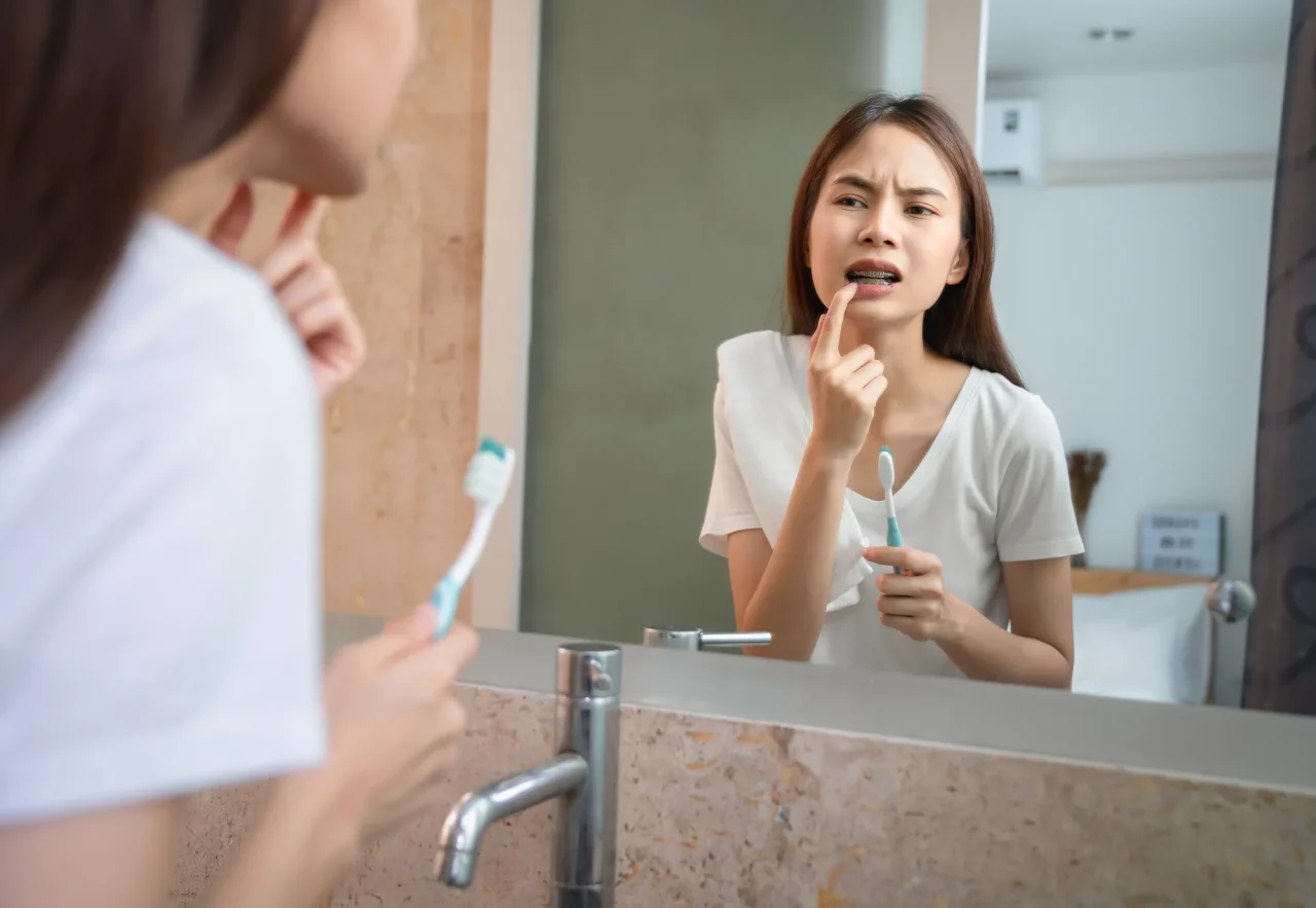 Mulher conferindo seus dentes no espelho do banheiro, enquanto segura escova de dente, e a expressão dela é de preocupada.