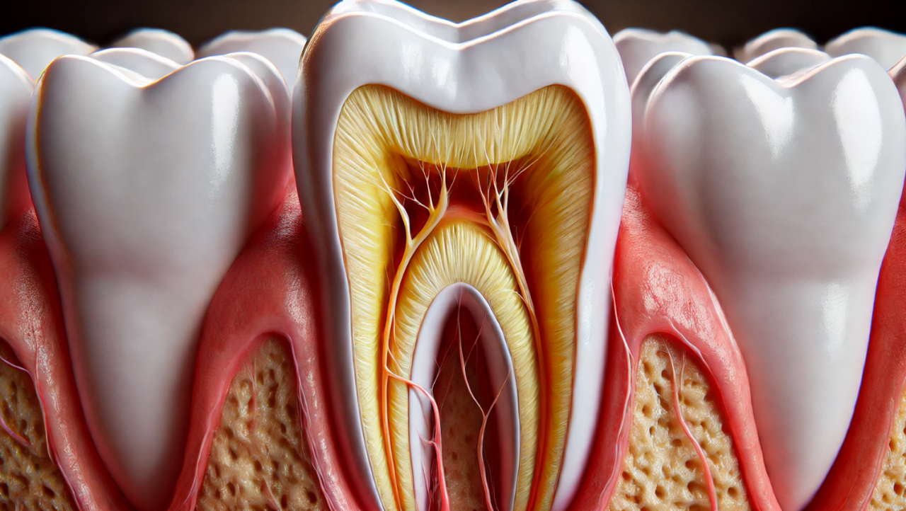 Parte interna de um dente, imagem criada por inteligência artificial.