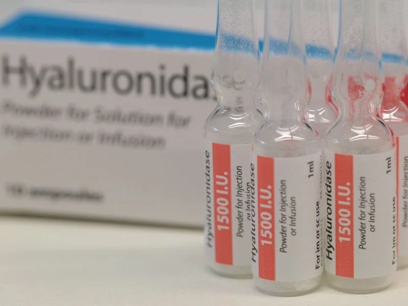 Vários frascos de hialuronidase em frente a sua caixa.