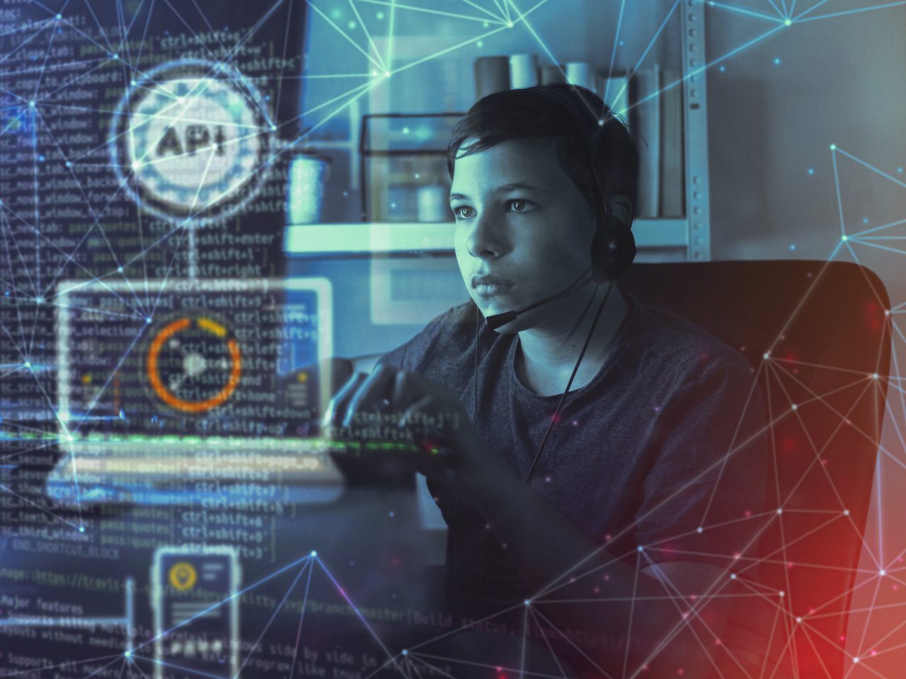 Garoto mexendo com programação de API. Tem desenho de conexões em volta dele.