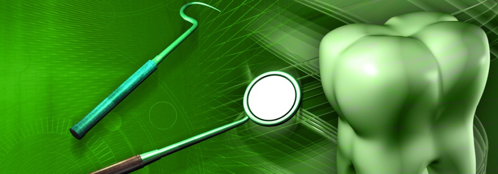 Montagem de dente, espelhinho e cureta, tudo na cor verde.