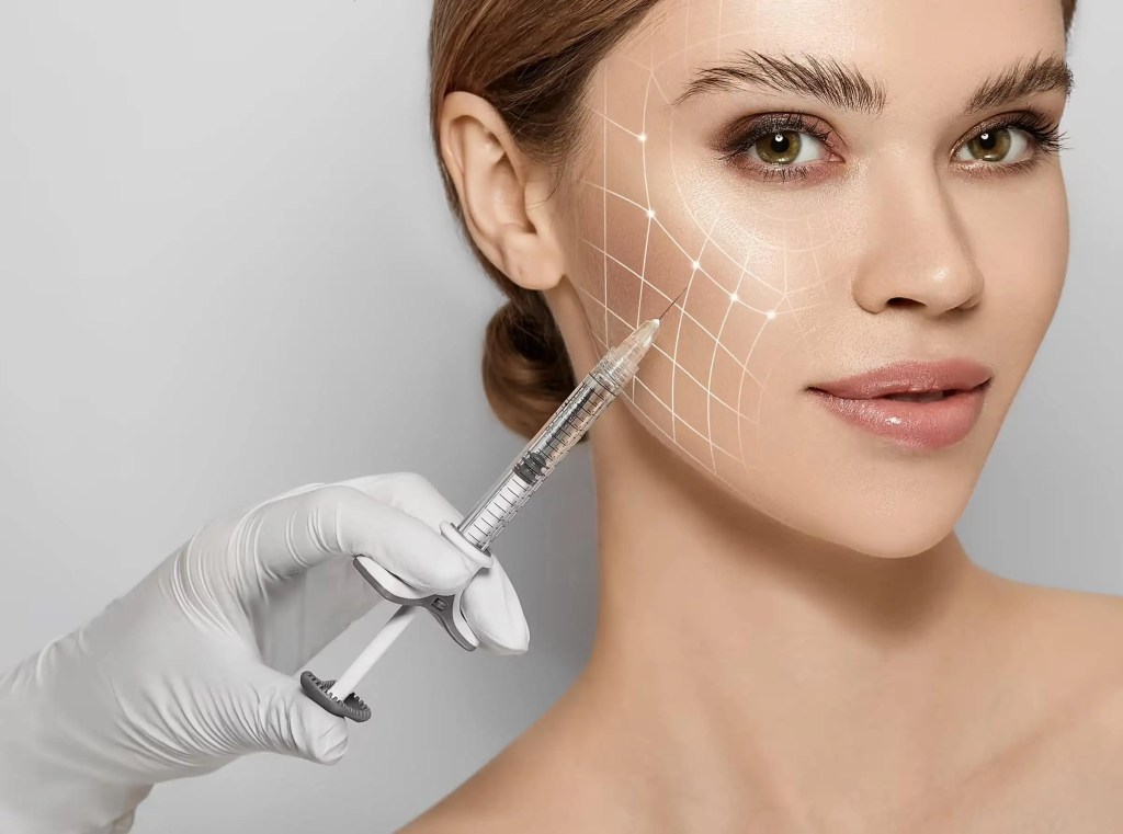 Segurando seringa para aplicação de bioestimulador na bochecha da paciente. No rosto dela foi desenhado digitalmente linhas mostrando os principais pontos de aplicação.