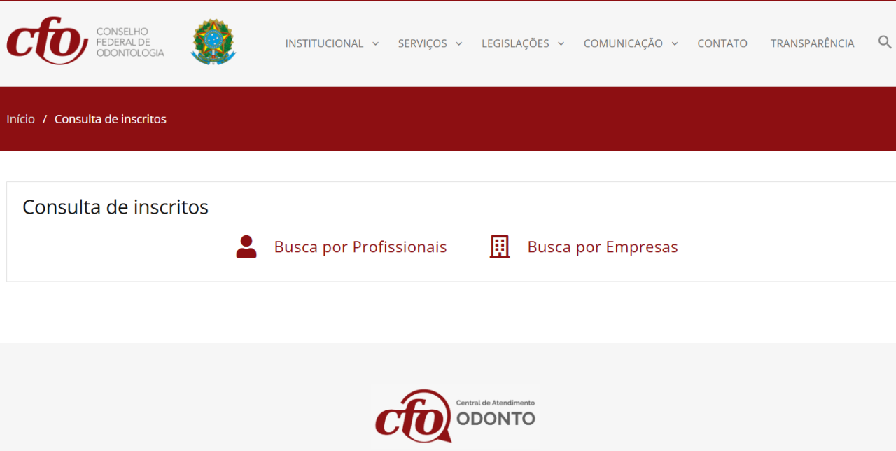 Print do site do CFO na aba de consulta de inscritos.
