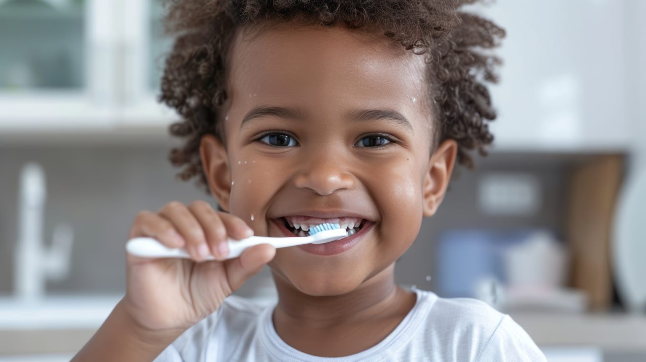 garoto escovando os dentes sozinho feliz