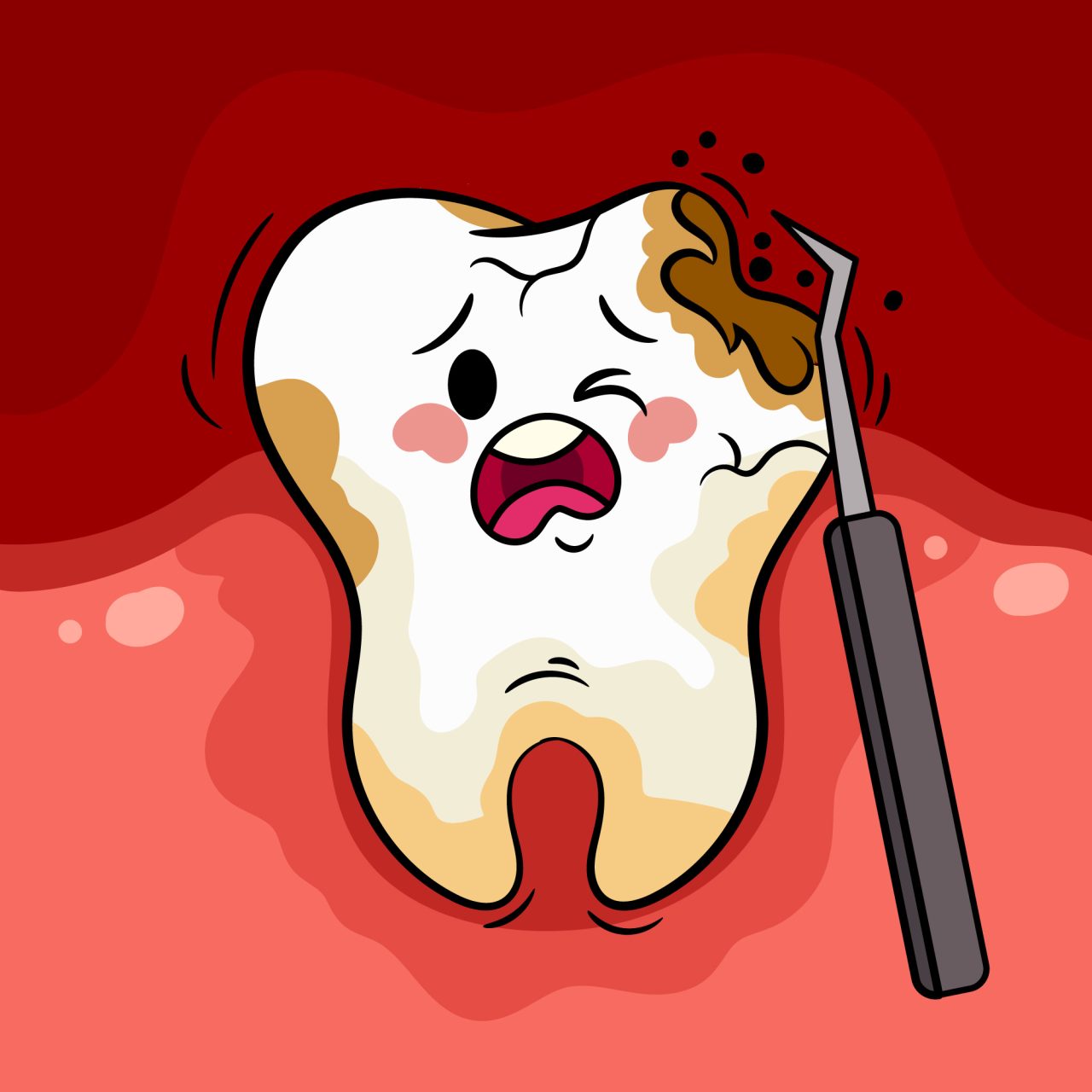 Desenho de dente com cárie, com expressão de dor.