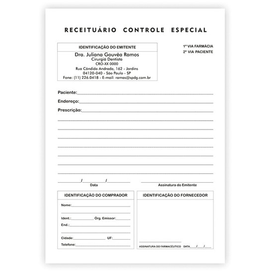 Modelo de receita de controle especial de dentista.