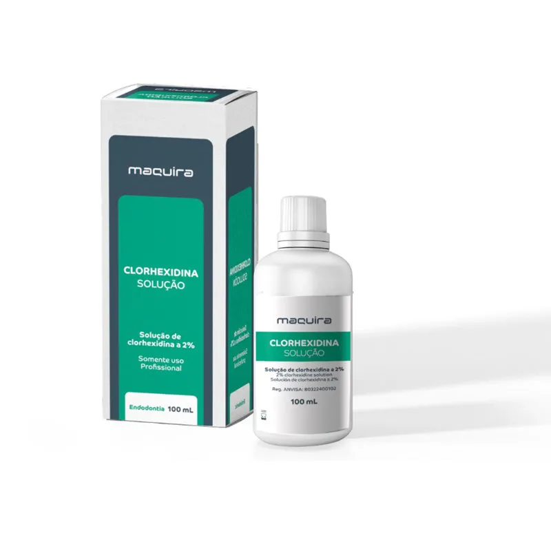Vidrinho e caixa da Clorexidina da marca Maquira.