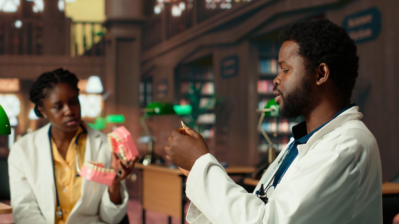 Dentista e assistente estão juntos em biblioteca com manequim odontológico.