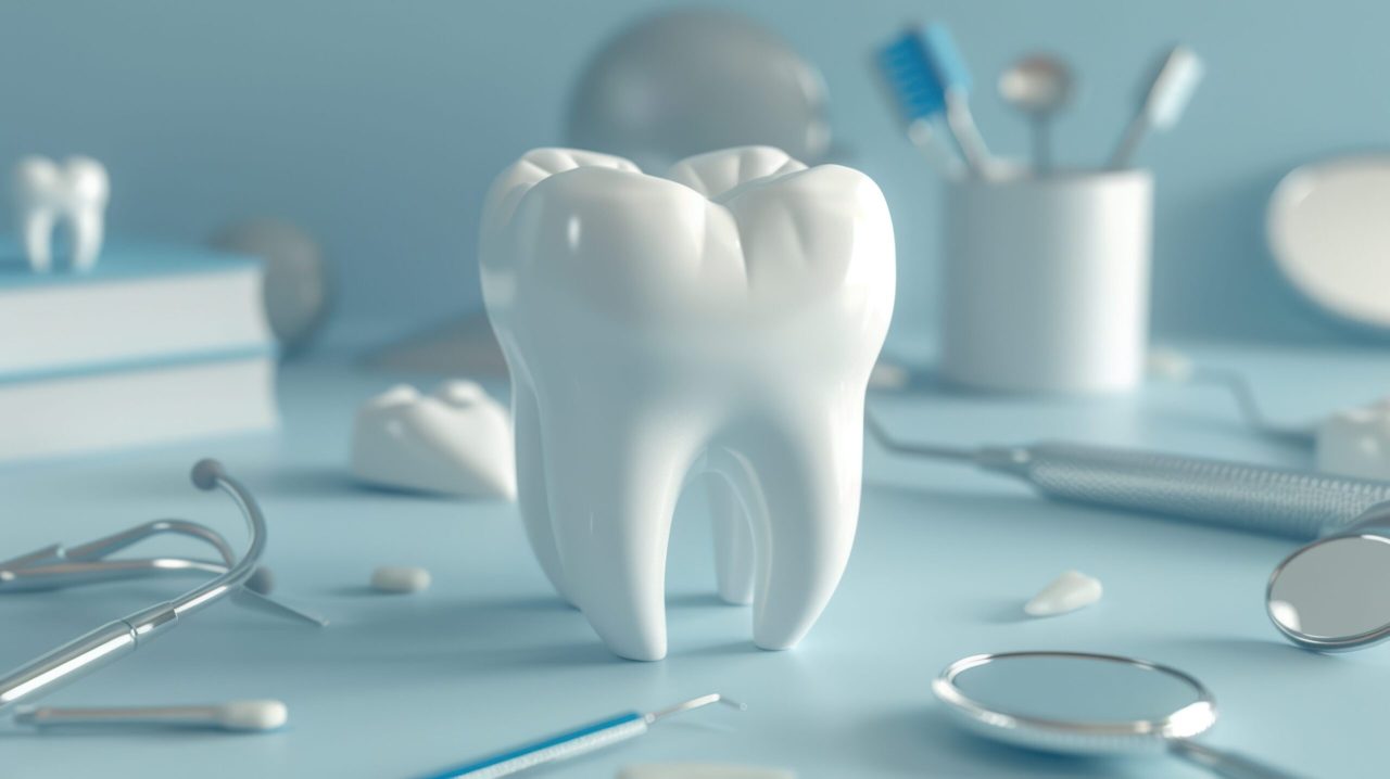 Imagem digital de dente e recursos odontológicos ao redor.