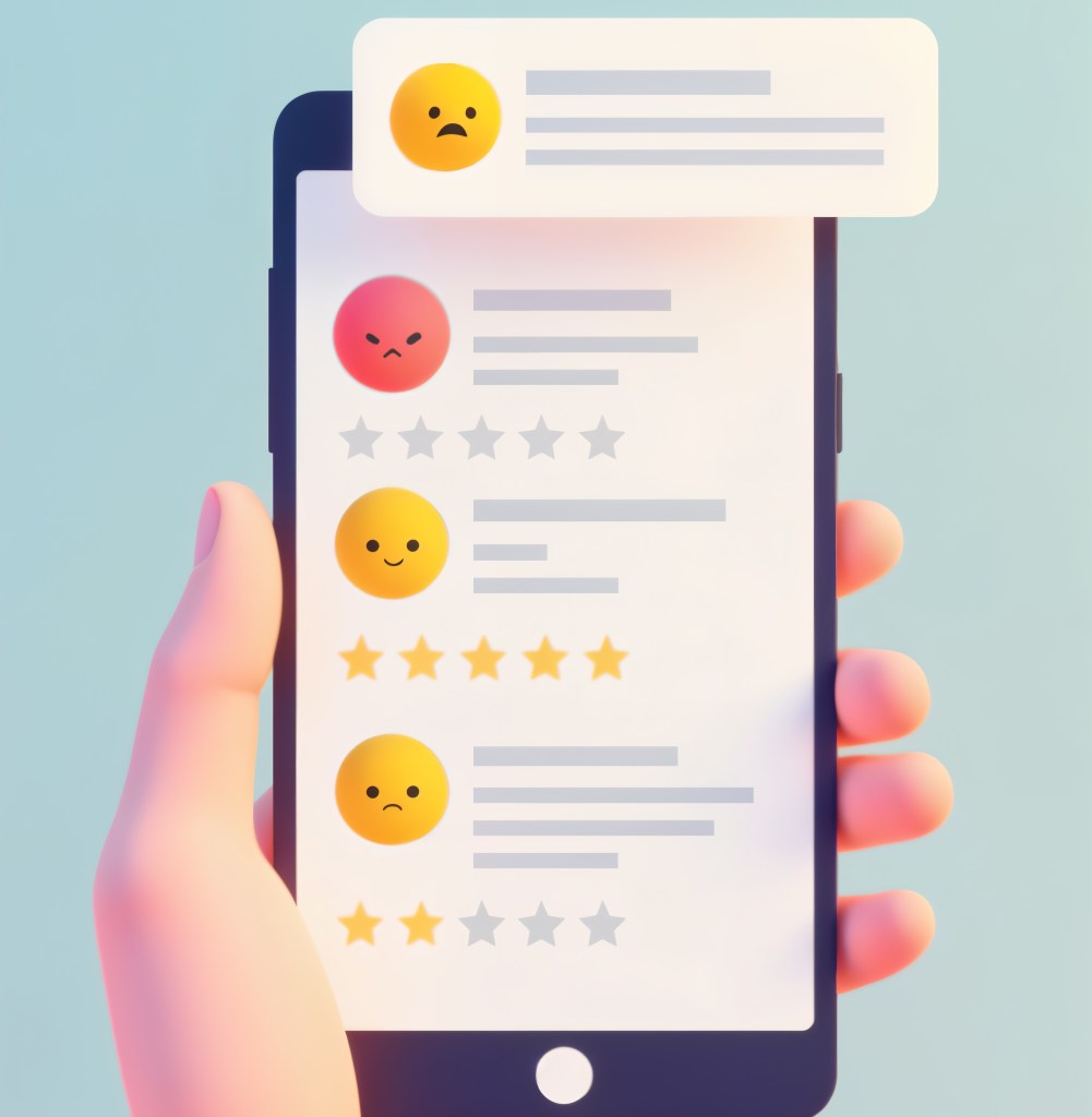 Imagem de ia simula comentários positivos e negativos de avaliação com estrelas.