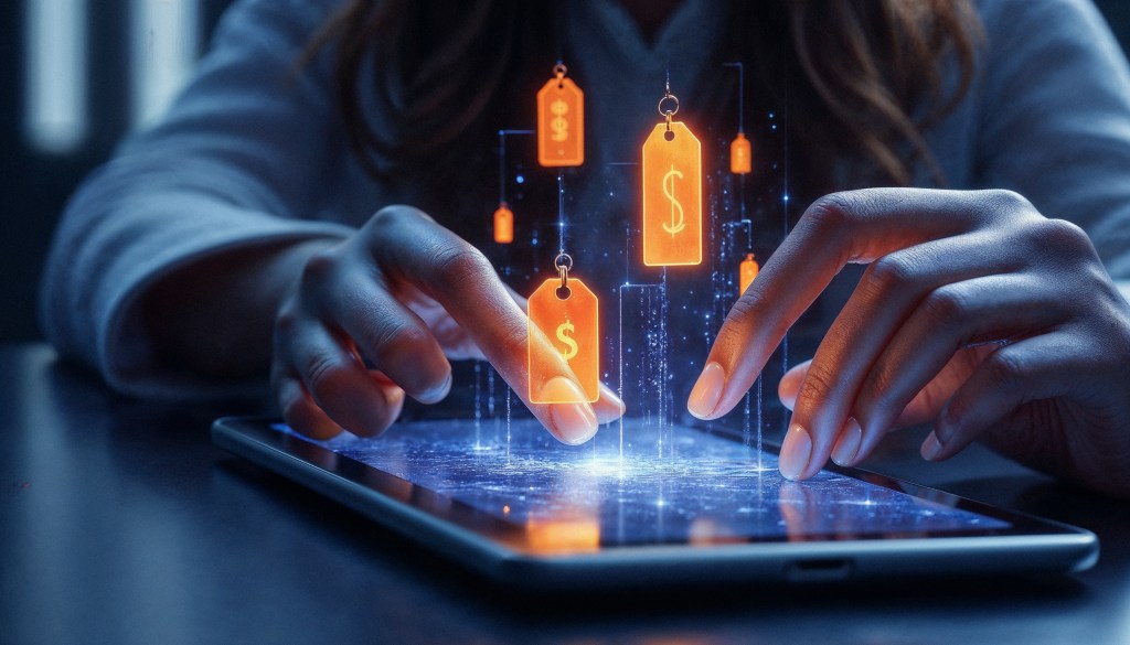 Mulher está encostando na tela do tablet. Com ia foi criada imagens de etiquetas de preço saindo da tela.