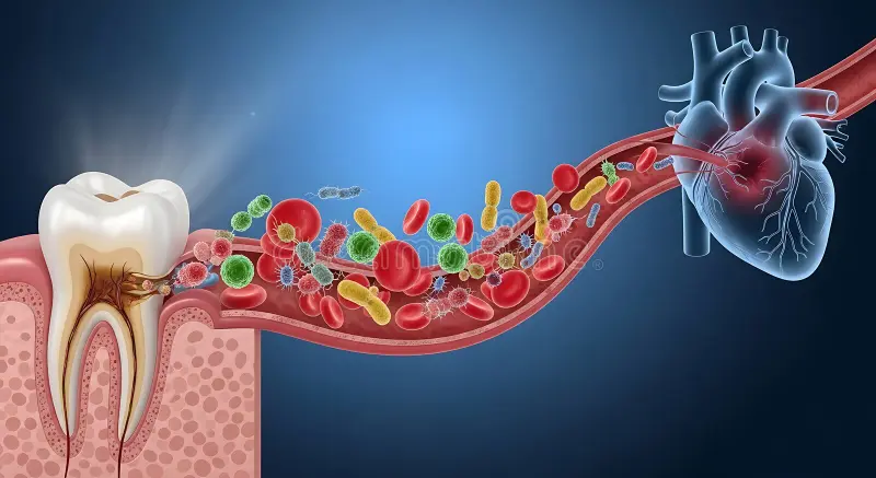 Desenho de infecção no dente espalhando para o coração, pela corrente sanguínea.